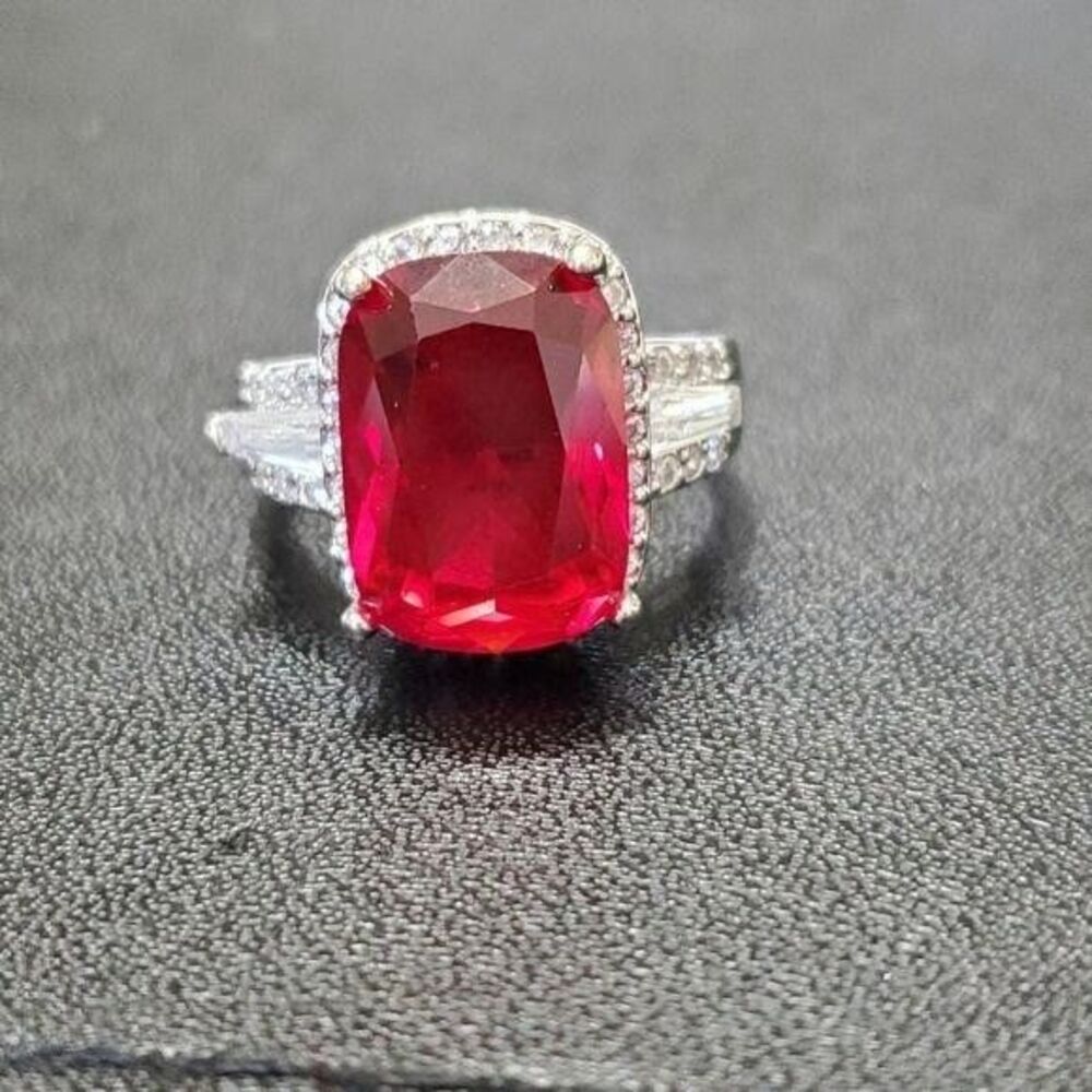 *Sale* Silver Tone Large Red Rhinestone Ring Size 6.75 Clear Rhinestone Accents